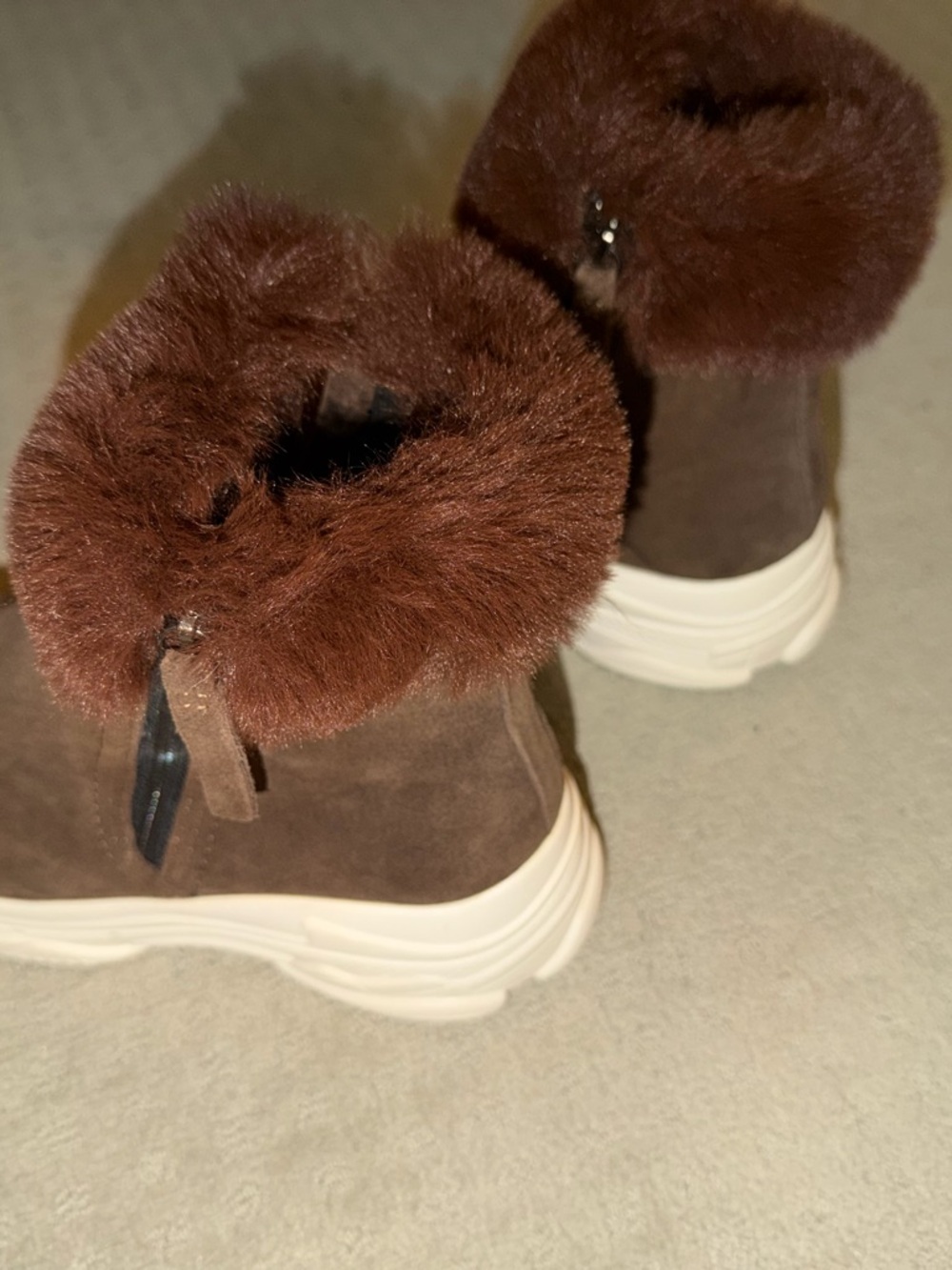 Brown Faux Fur Suede Ankle Booties with White Athletic Sole - Picture 3 of 6